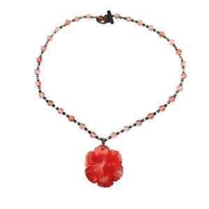 Hawaiian Style Hibiscus Flower Pink Carved Glass Beaded 17" Handmade Necklace